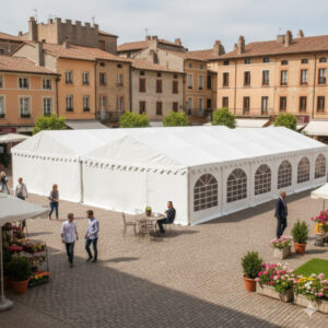 12x12m PVC marquee with optional ground bars and eaves braces