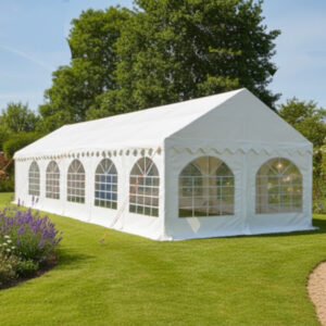 4x10m white PVC marquee with ground bars and gable extensions