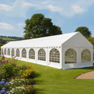 4m x 18m white PVC marquee with steel frame and ground bars