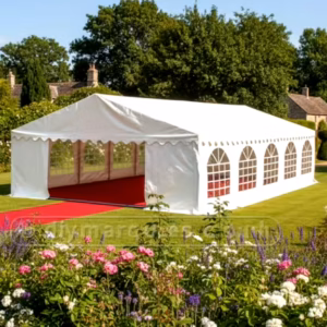 6x10m PVC marquee in white with strong steel frame and fire-retardant covers