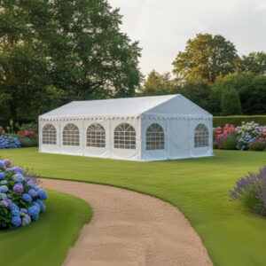 6m x 10m White Deluxe 650gsm PVC Marquee 54mm framework ground bars, eaves braces and gable uprights