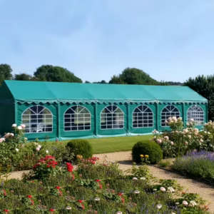 6m x 12m green PVC Marquee with steel frame, ground bars and gable uprights