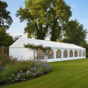 6m x 18m white PVC marquee fire retardant and water resistant with galvanised corrosion resistant steel frame