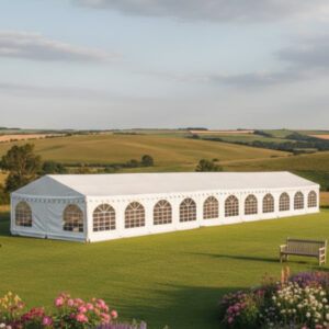 6m x 26m white PVC marquee with strong steel frame and ground bars