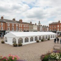 6m x 32m commercial marquee with white PVC fire retardant covers, galvanised steel framework with ground bars