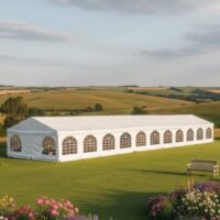6m x 36m commercial marquee with white PVC fire retardant covers, galvanised steel framework with ground bars