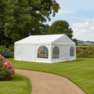 6m x 5m white PVC marquee with steel frame and interchangeable sides