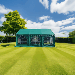 6x6m Green 500gsm PVC Marquee with ground bars, roof braces, gable uprights