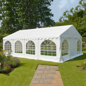 6m x 8m 650gsm PVC Strong marquee in white with steel frame and gable uprights