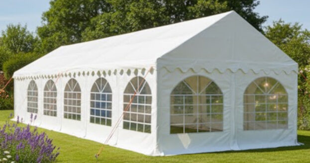 4x10m white PVC marquee with ground bars and gable extensions