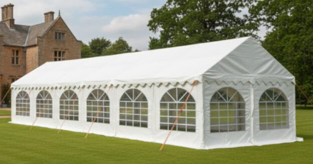 4x12m white PVC marquee with ground bars and 5 purlins
