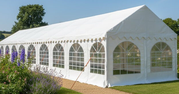 4m x 22m PVC marquee in white with steel frame and ground bars
