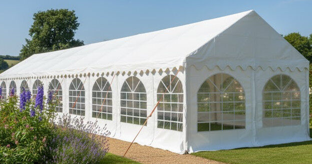 4m x 24m white PVC marquee with steel frame and ground bars