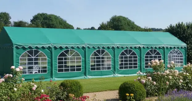6m x 12m green PVC Marquee with steel frame, ground bars and gable uprights