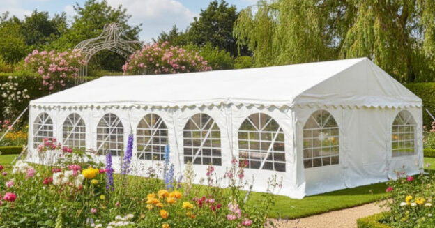 6m x 12m professional PVC marquee with strong steel frame in a country garden