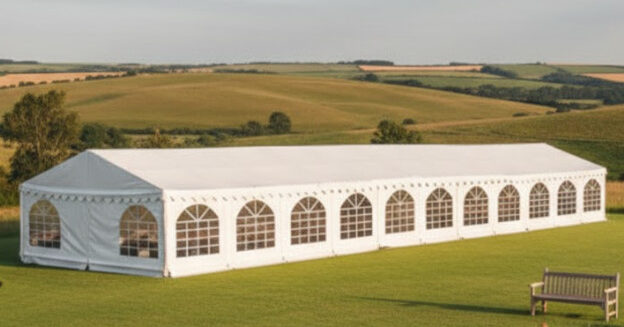 6m x 26m white PVC marquee with strong steel frame and ground bars