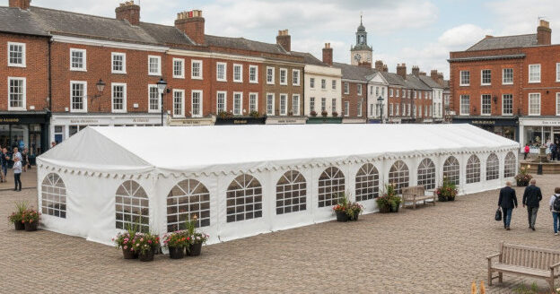 6m x 28m white pvc marquee with fire retardant pvc covers, strong steel frame and ground bars