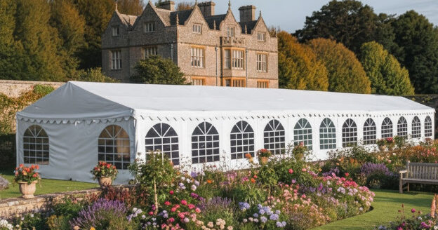 6m x 36m commercial marquee with white PVC fire retardant covers, galvanised steel framework with ground bars