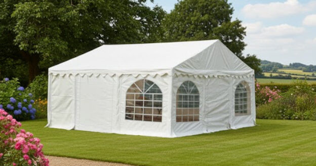 6m x 5m white PVC marquee with steel frame and interchangeable sides