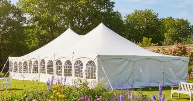 9m x 18m traditional marquee in white PVC with waterproof and fire retardant covers, aluminium legs and centre poles