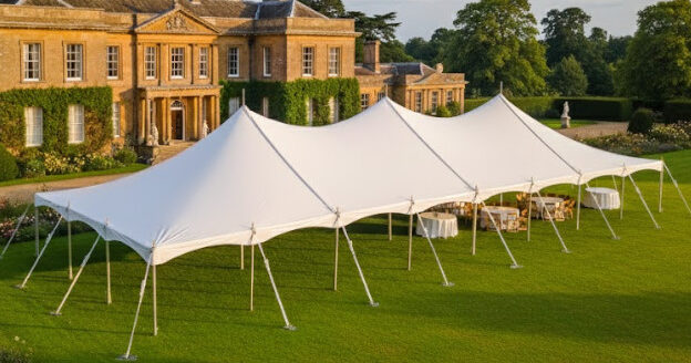 9m x 24m traditional marquee white pvc in a manor house garden