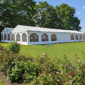 12m x 20m white PVC marquee with durable waterproof and fire retardant covers as well as strong steel frame