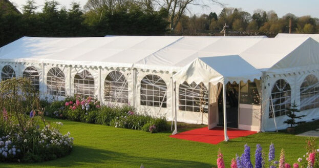 12m x 16m white PVC marquee with fire retardant covers and corrosion resistant poles
