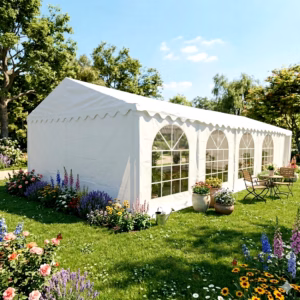 5x10m white PVC marquee with ground bars and gable extensions