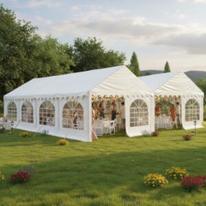 8m x 8m white fire retardant PVC marquee with ground bars and heavy duty galvanised steel frame